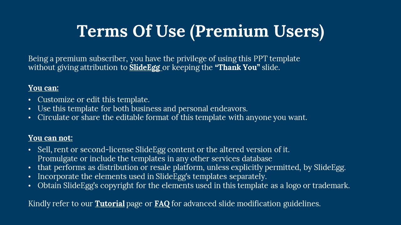 Blue background with white heading, text, and bold section labels for rules and usage terms for premium users.