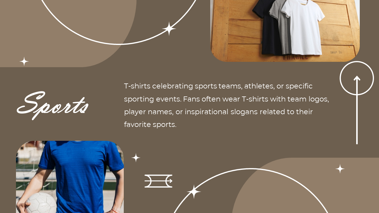 Brown layout with curved white lines and stars features two images of a man in a blue shirt and t-shirts hung on wooden wall.