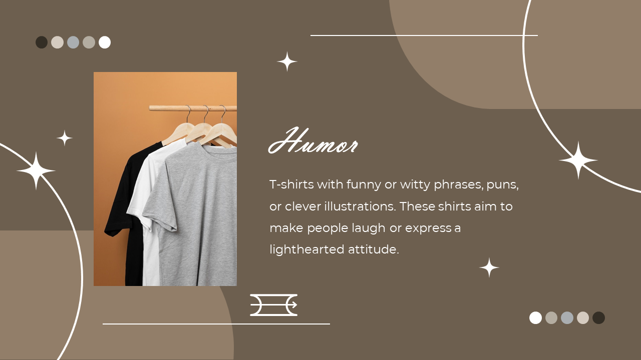 A rack with gray, white, and black t-shirts is shown on a brown layout with abstract circles and sparkle icons.