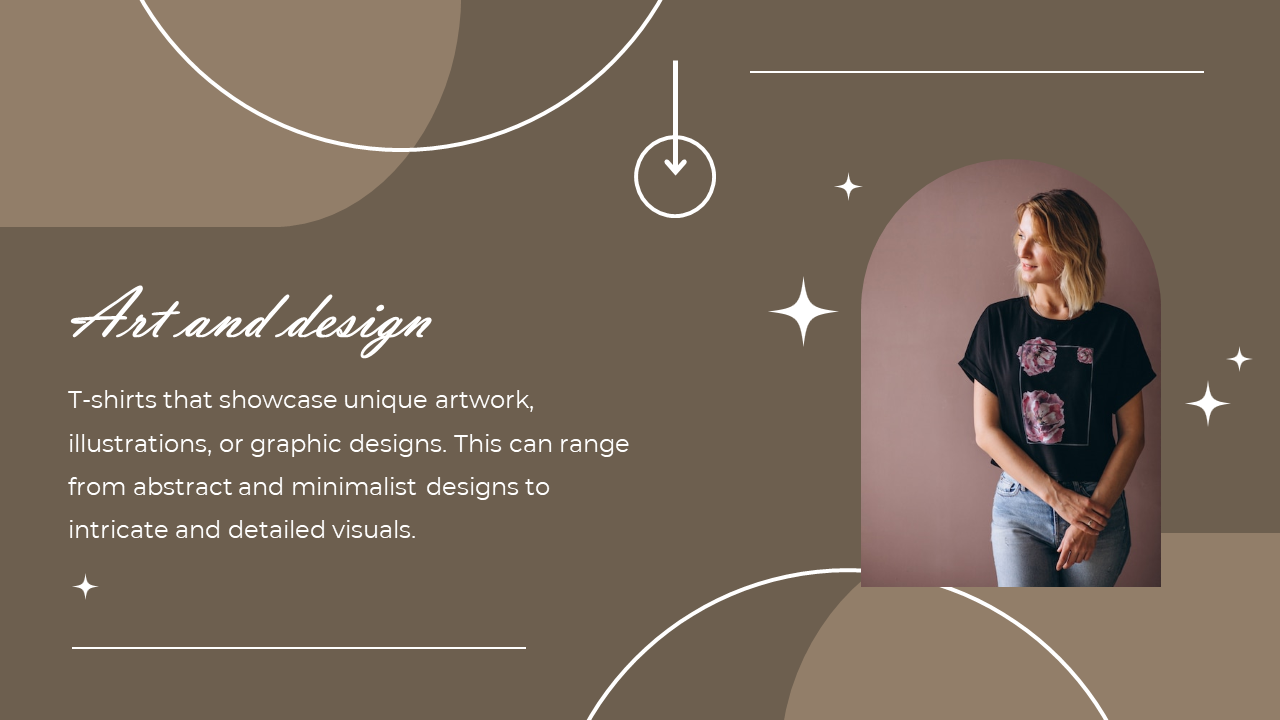 A woman in a black t-shirt with floral art stands in a rounded photo frame over a brown layout with white stars and curves.