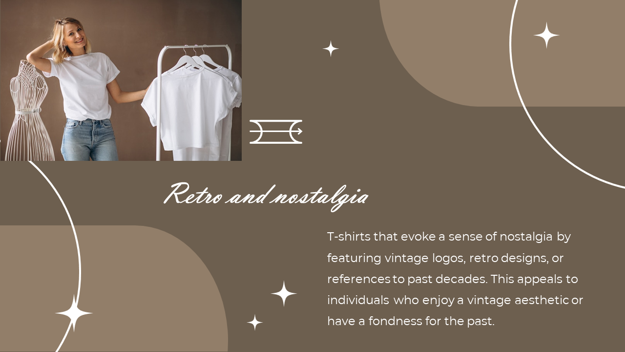 Woman in a white t-shirt stands beside hanging shirts on a brown background with curved shapes and star icons.
