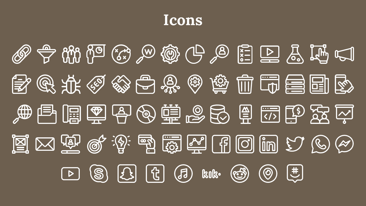 Centered white heading with multiple rows of outlined icons in various shapes on a brown layout.