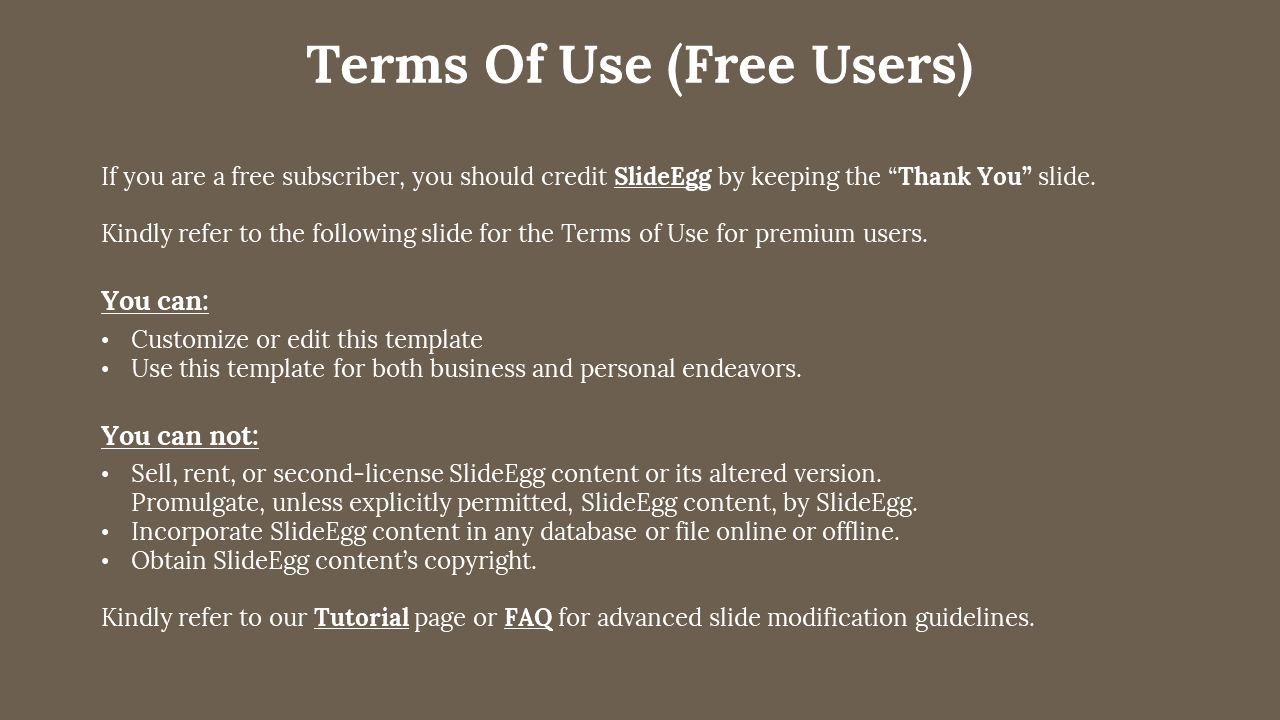 Brown background with centered white title and text divided into two blocks with bold subheadings, listing free users terms.