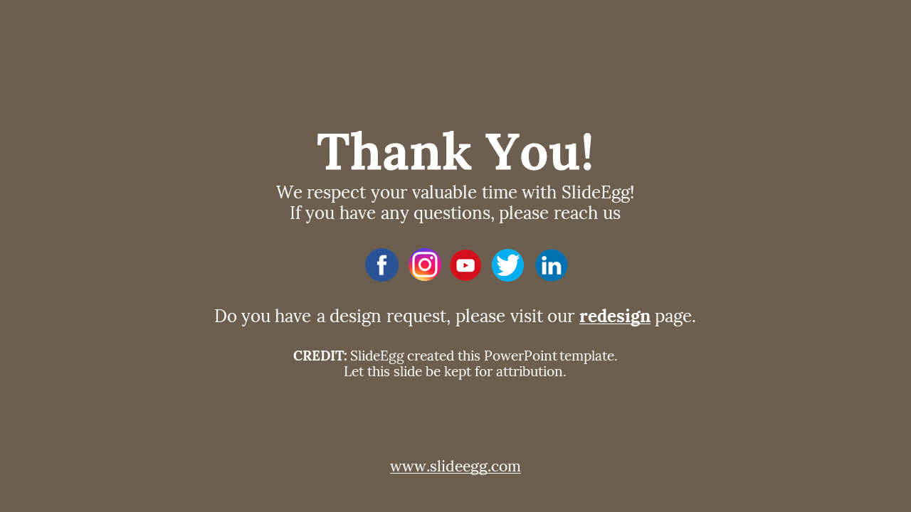 Brown background with bold white heading and five circular social icons arranged in a centered horizontal row.
