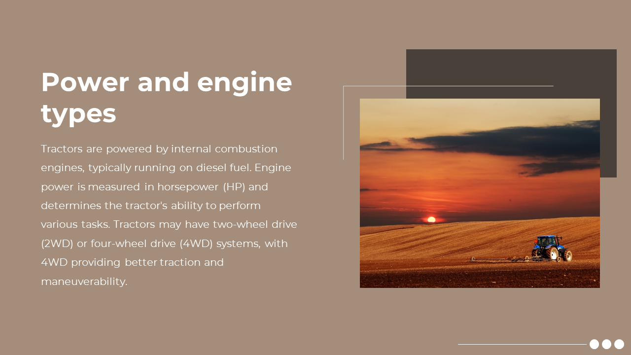 Blue tractor on a brown field appears at sunset on the right, with bold heading and text on a brown background to the left.