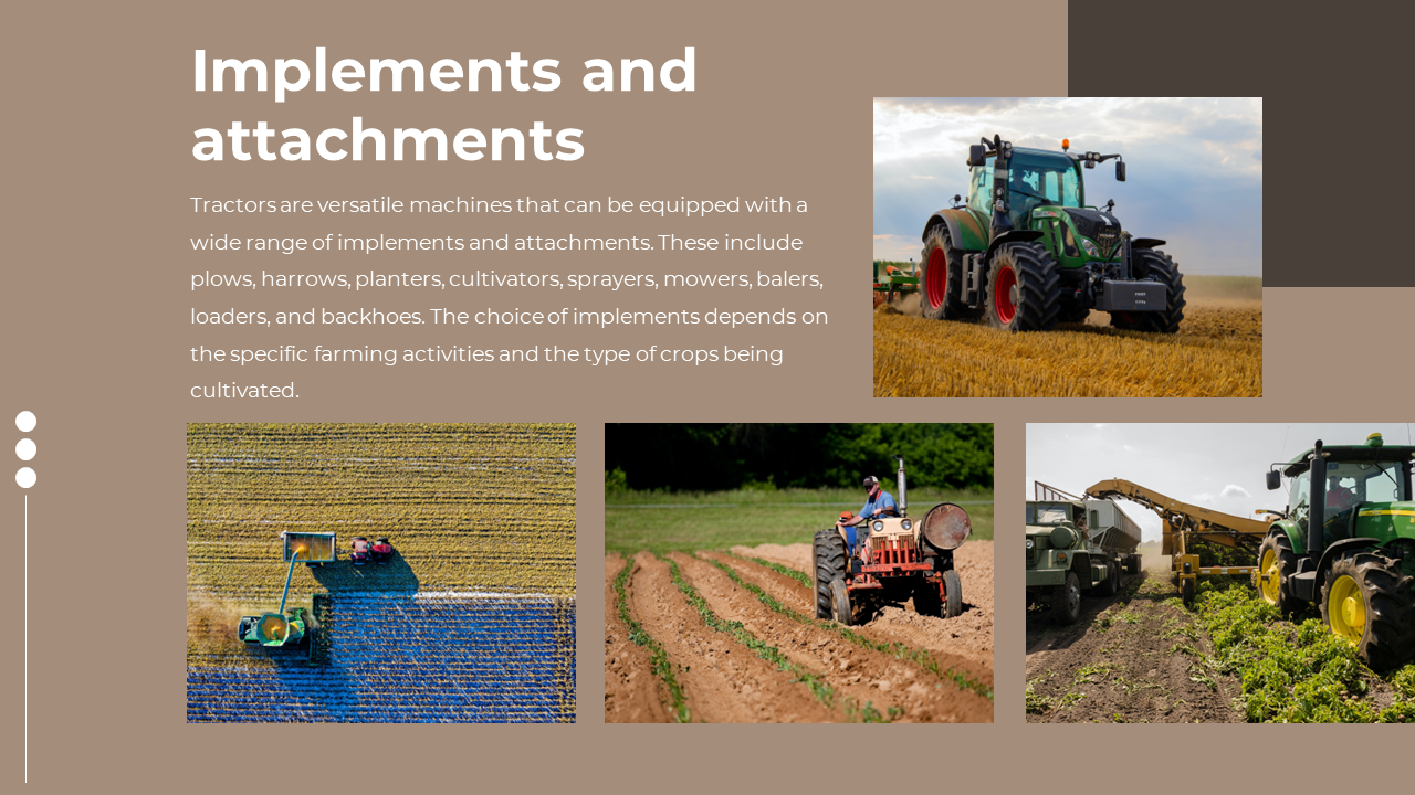 Four images of tractors with various attachments are arranged on a brown background, with white text on left.