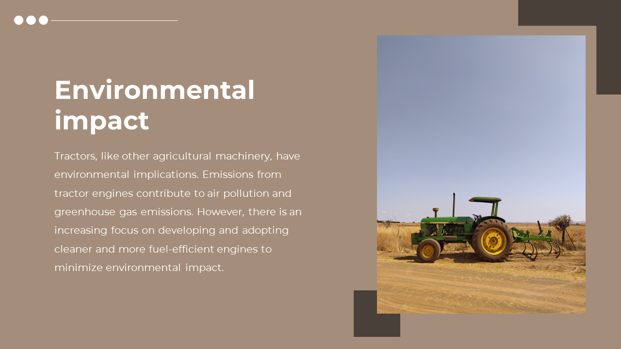 Slide features a green tractor on a dirt path at right, placed on a brown slide with text aligned on the left.