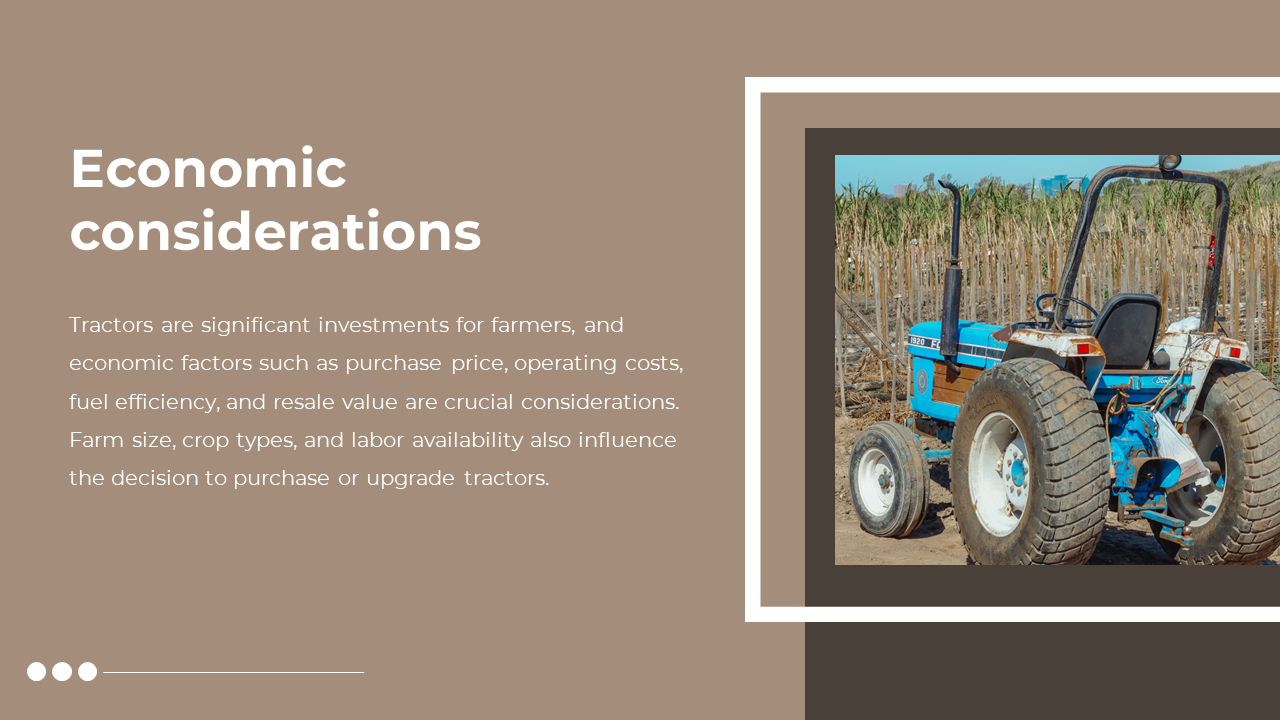 Slide shows a blue tractor in a brown framed photo on the right, with beige background and white text on left.