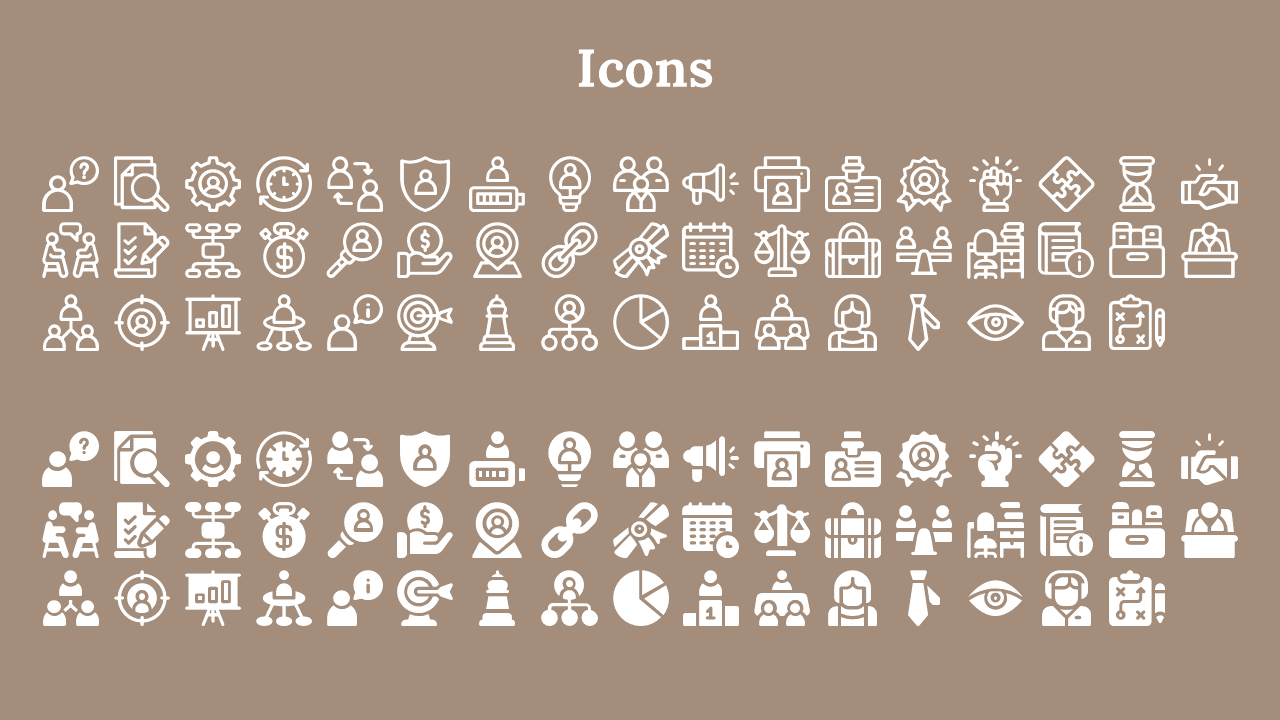 Two rows of white business themed icons in outlined and filled styles, beneath bold title on a light brown background.