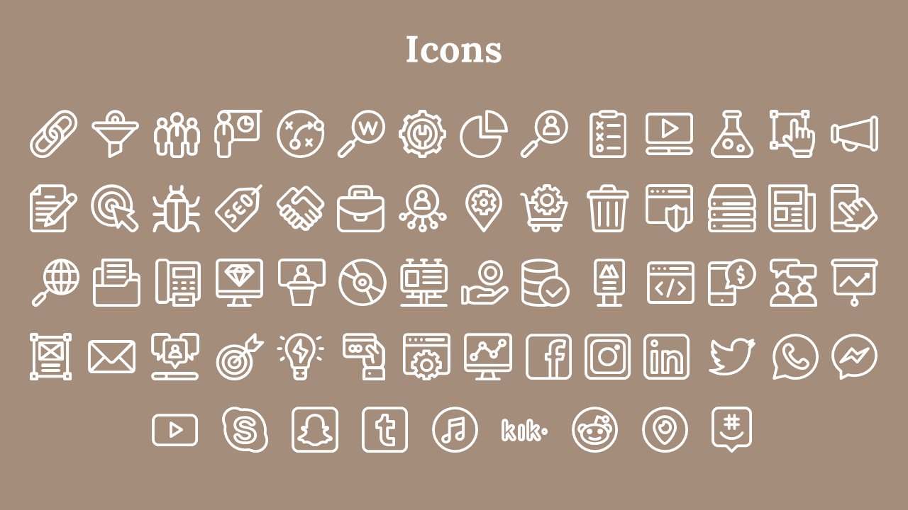 Centered white heading with multiple rows of outlined icons in various shapes on a light brown layout.