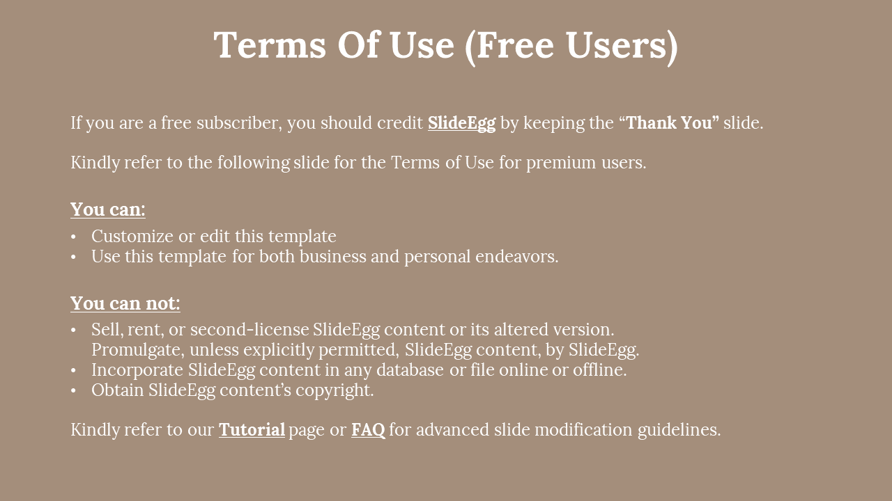 Light brown background with centered white title and text divided into two blocks, listing free users terms.