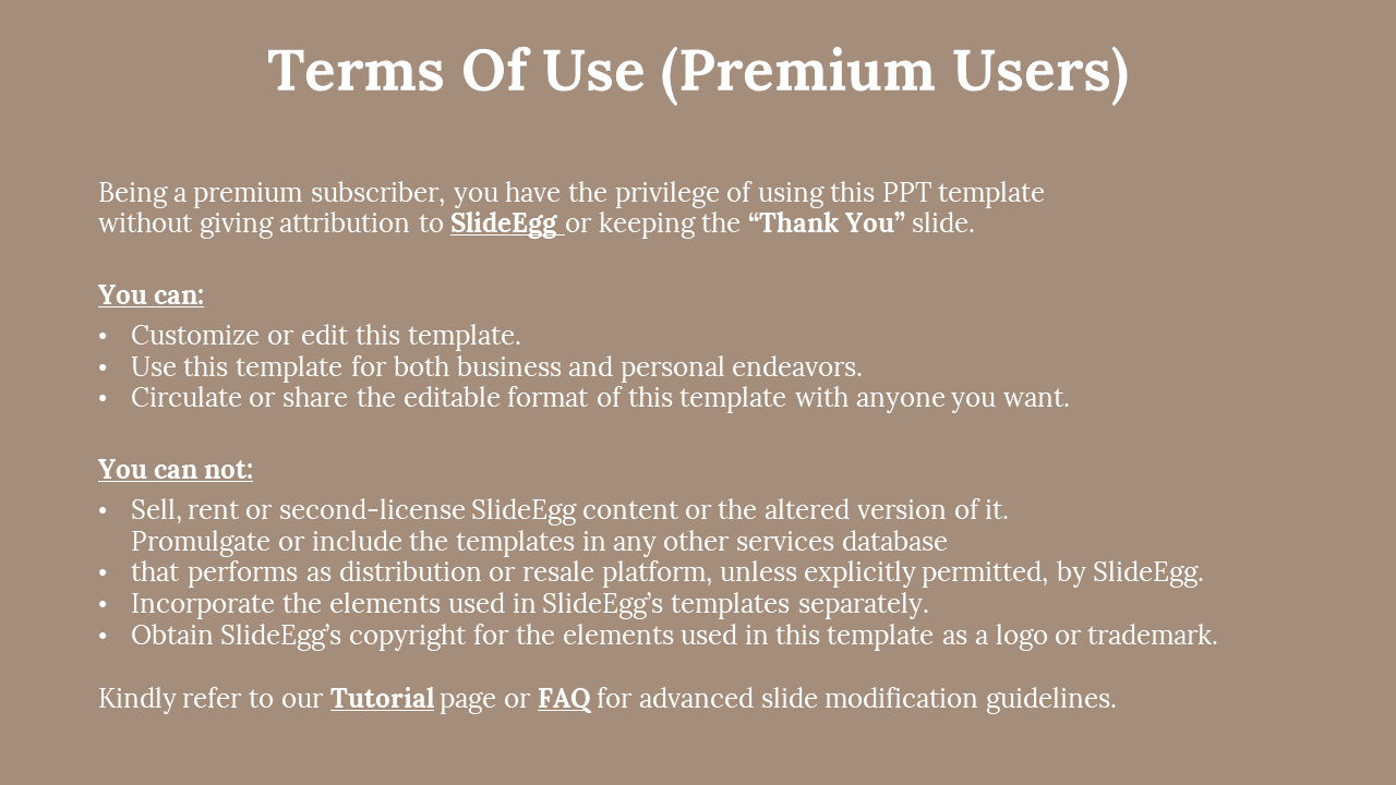 Light brown background with white heading, text, and bold section labels for rules and usage terms for premium users.