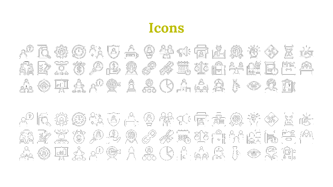 Slide displays two rows of outlined and filled business icons under the olive green heading, on a white background.