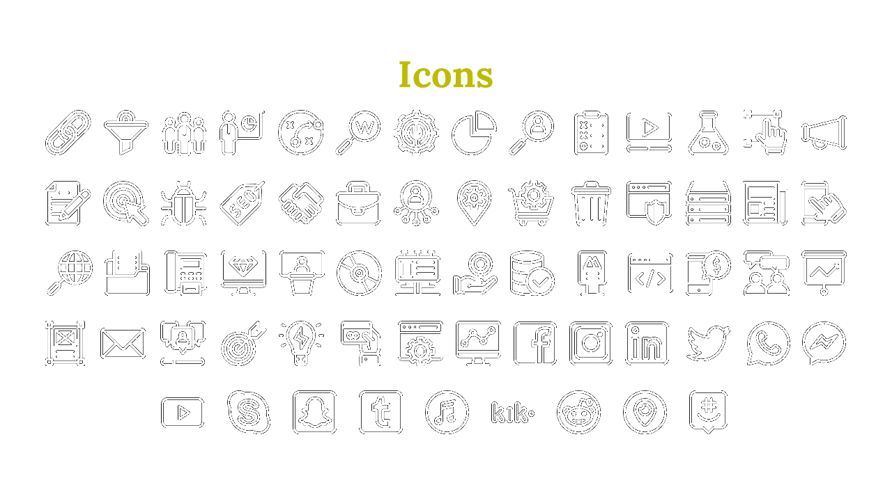 Slide contains a grid of assorted black line icons under an olive green heading on a white background.