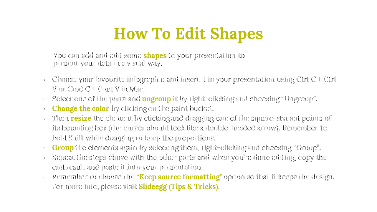 Slide explains shape editing steps in bullet points with key terms in olive green, on a white background.
