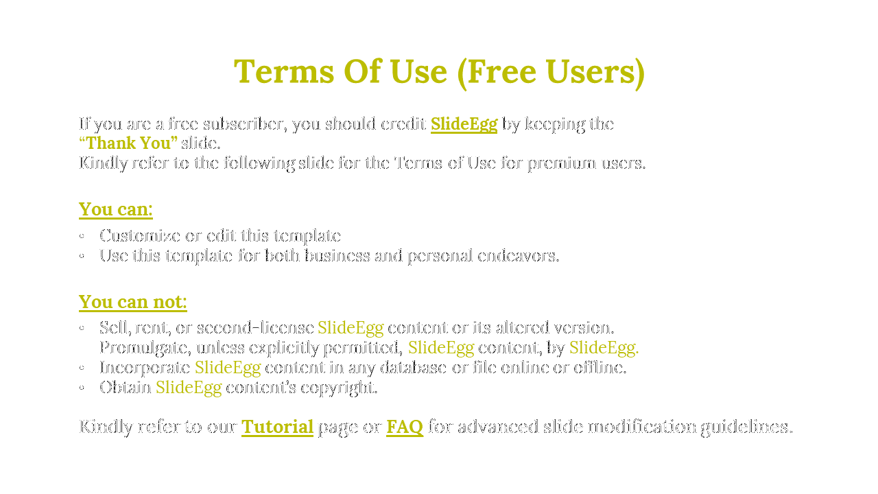 Slide shows licensing rules for free subscribers with olive green headers, black bullet points, and links below.
