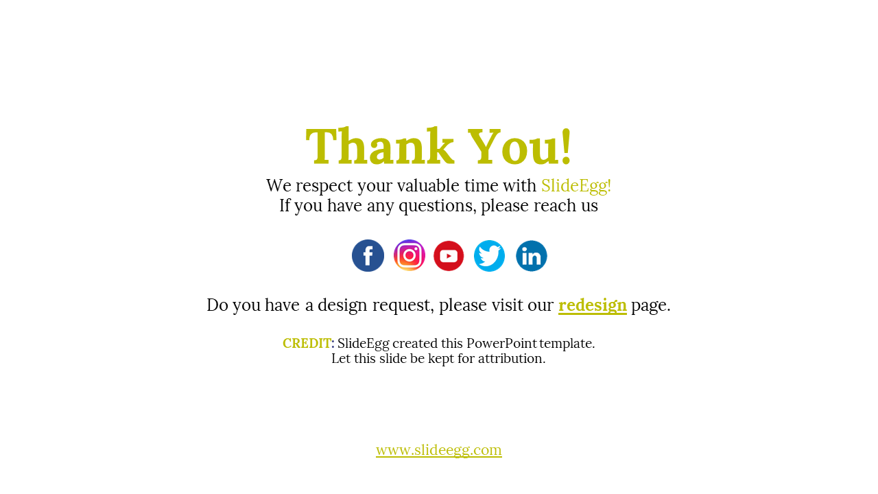 White thank you slide with olive green heading, black body text, and centered row of five social media icons.