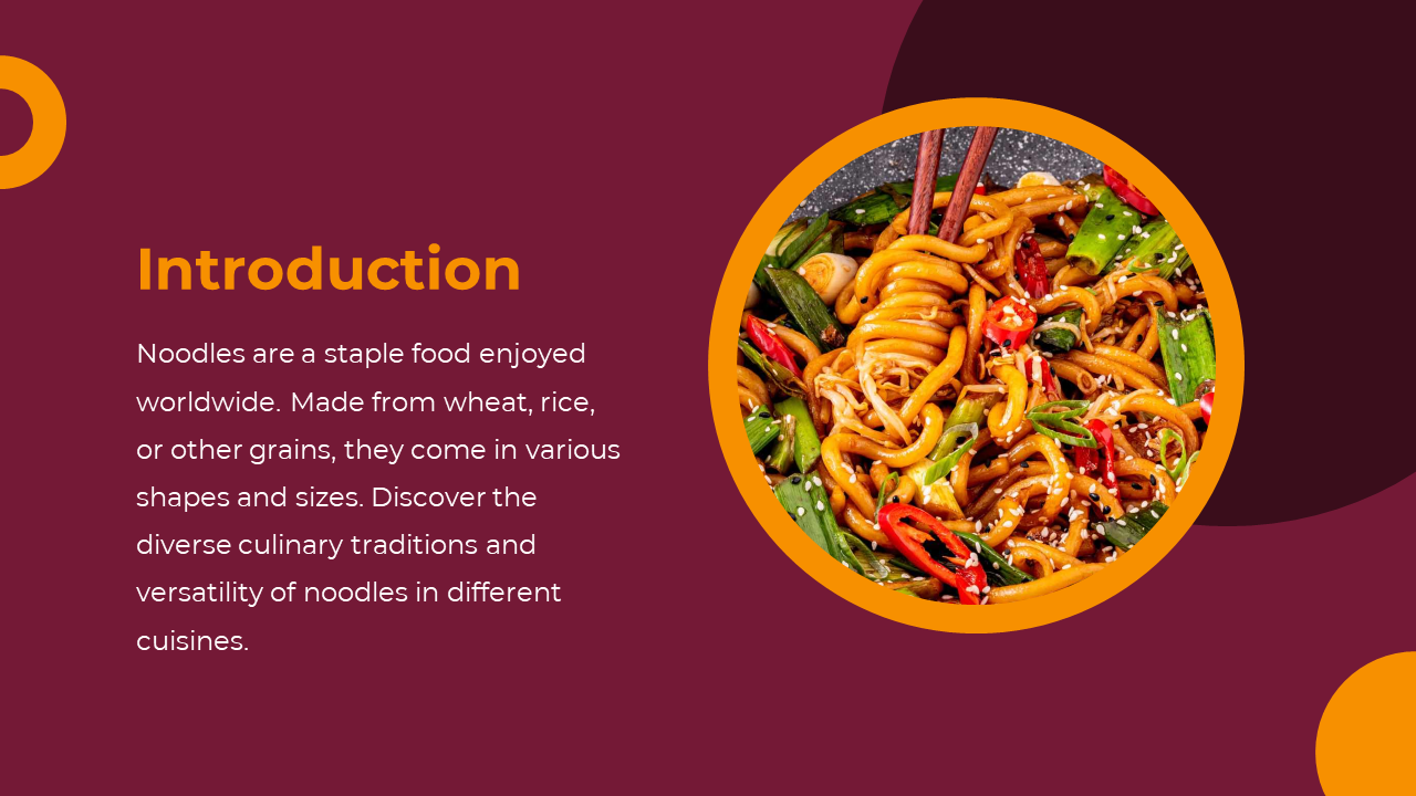 Circular photo of noodles with vegetables and chopsticks is on the right, set on a maroon background with orange accents.
