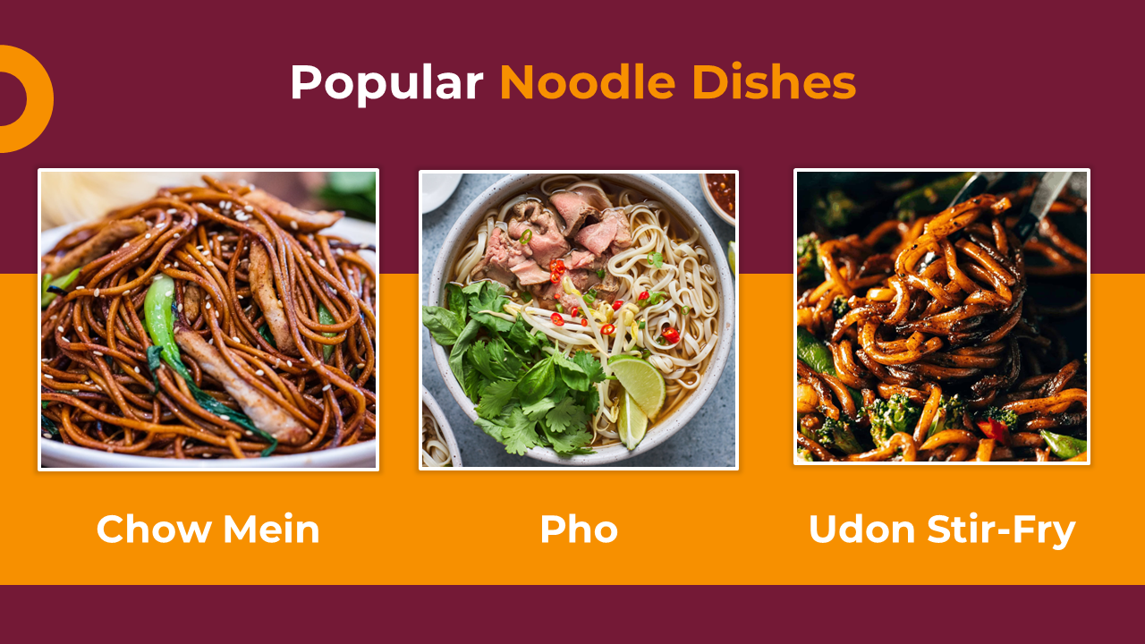 Three square images of noodle dish in vibrant colors are centered over a maroon and orange background.
