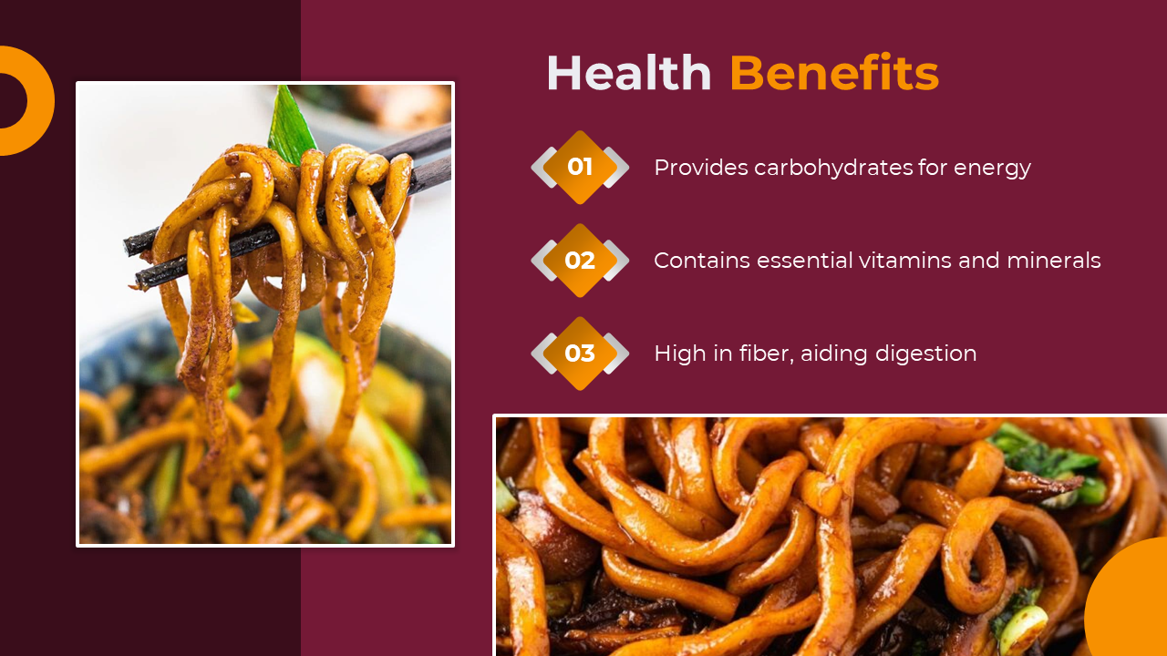 Two close up noodle images appear on a maroon background with three orange diamond icons and text arranged vertically.