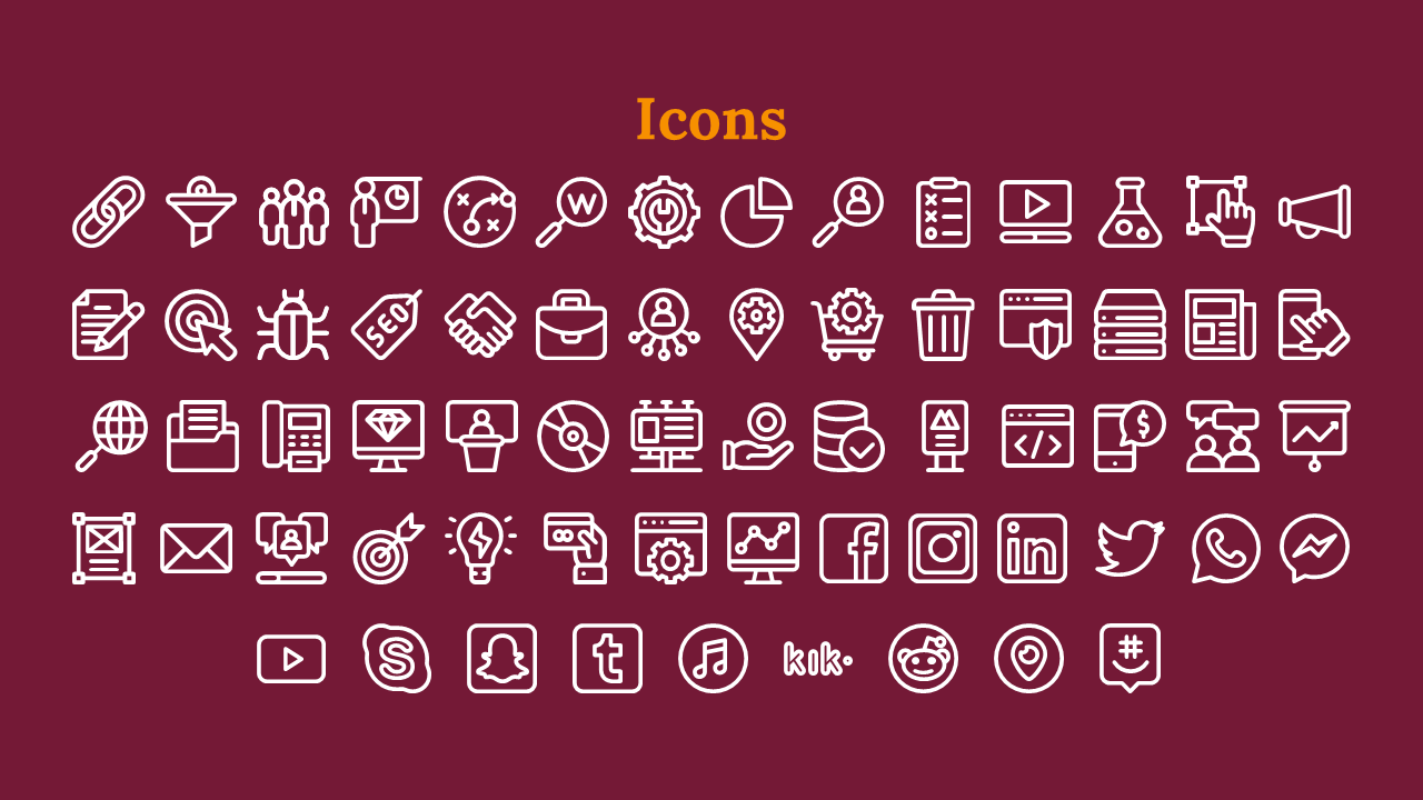 Slide contains a grid of assorted black line icons under a bold orange heading on a maroon background.