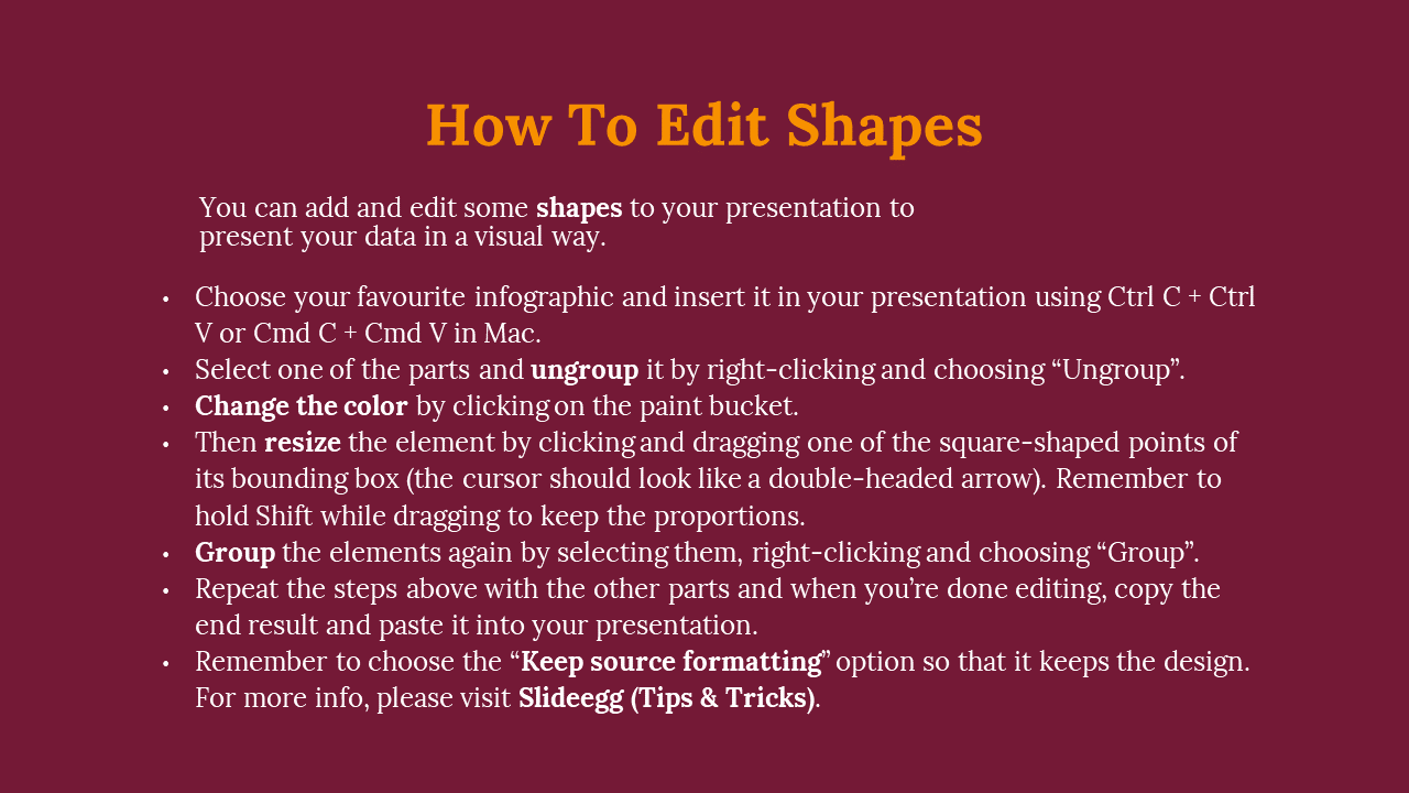 Slide explains shape editing steps in bullet points with key terms in orange, on a maroon background.