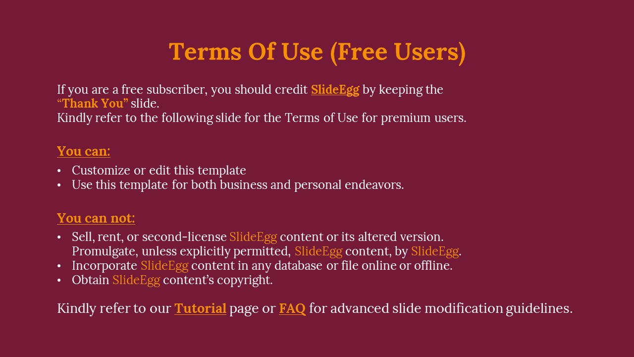 Slide shows licensing rules for free subscribers with orange headers, white bullet points, and links on a maroon backdrop.