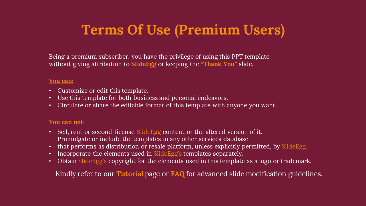 Terms of use slide in maroon layout, featuring bold orange headers and white bullet lists under can and can not sections.