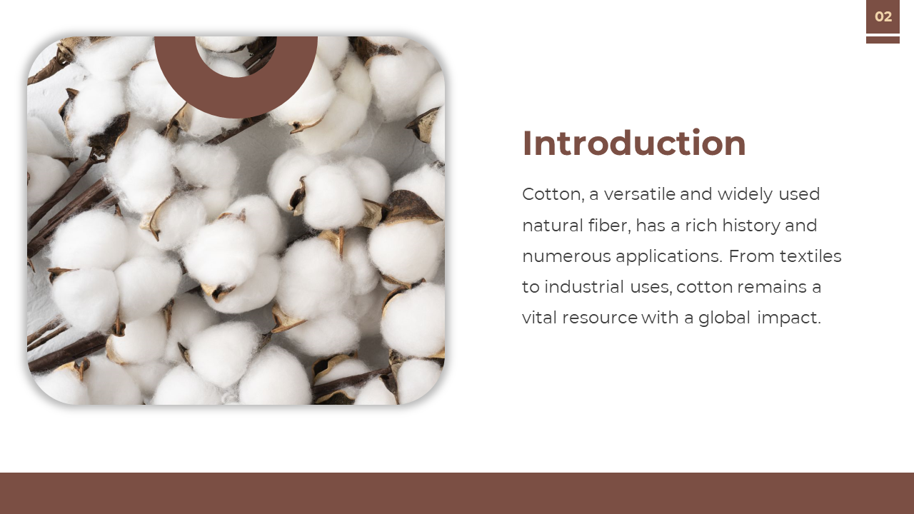 Rounded photo of cotton bolls on the left, paired with a right aligned text on a white background with brown accents.