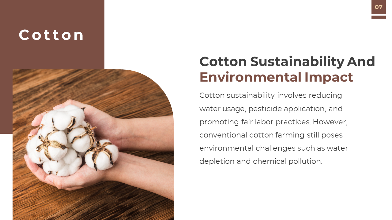 Slide features white cotton in cupped hands over a wood surface, with a brown sidebar and text on white backdrop.