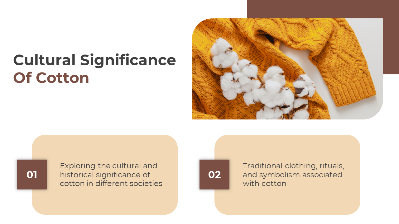 Slide features cotton bolls on a mustard sweater at top, with two beige rounded boxes and brown number blocks below.
