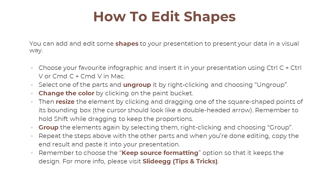 Slide explains shape editing steps in bullet points with key terms in brown, on a white background.