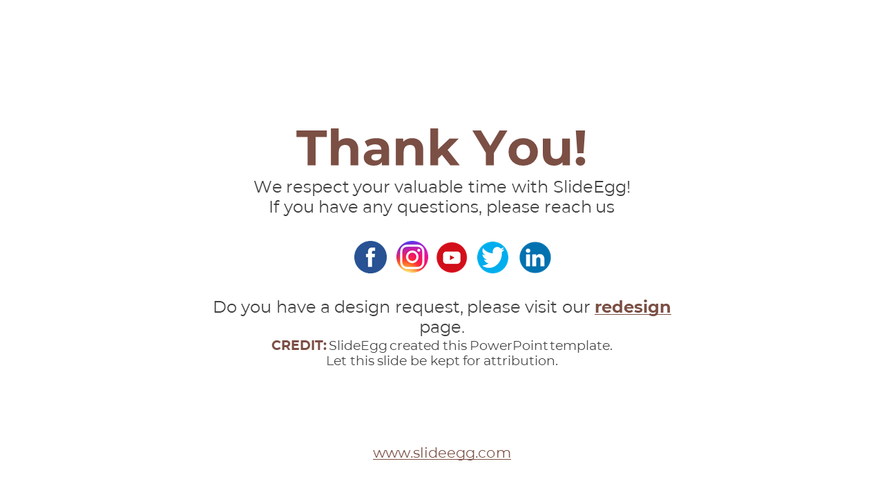 White background slide features social media icons and a thank you note in brown and dark gray text.