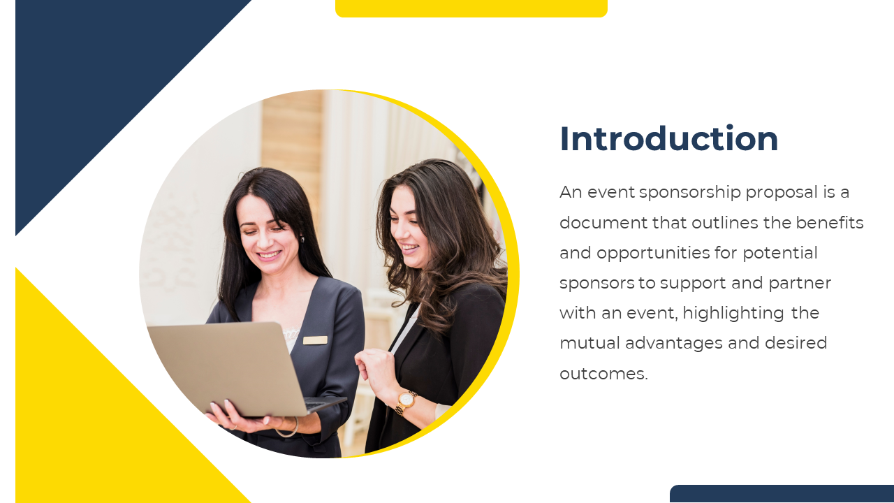Slide shows a circular photo of two women using a laptop on the left, with navy and yellow triangles and text on the right.