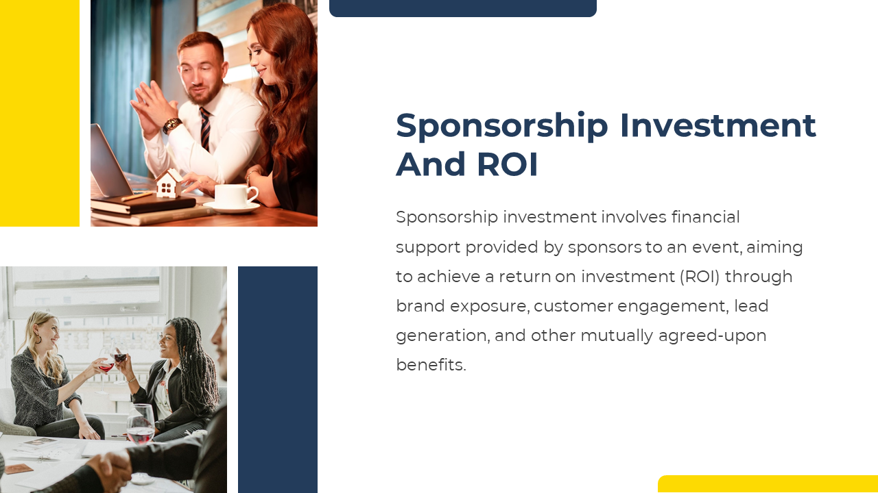Slide with right aligned text block, and two photos of people conversing, with yellow and blue accent blocks.