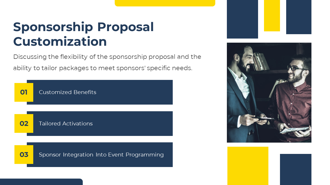 Slide shows three dark blue rectangles with yellow numbered squares, and a photo of two men talking on the right.