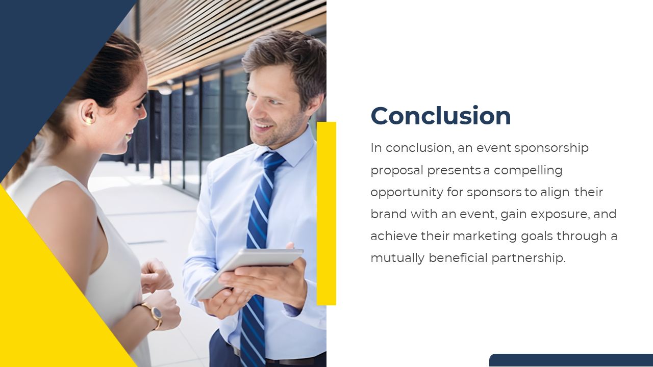 Split layout shows two people talking on the left with angled navy and yellow accents and a white text area on the right.