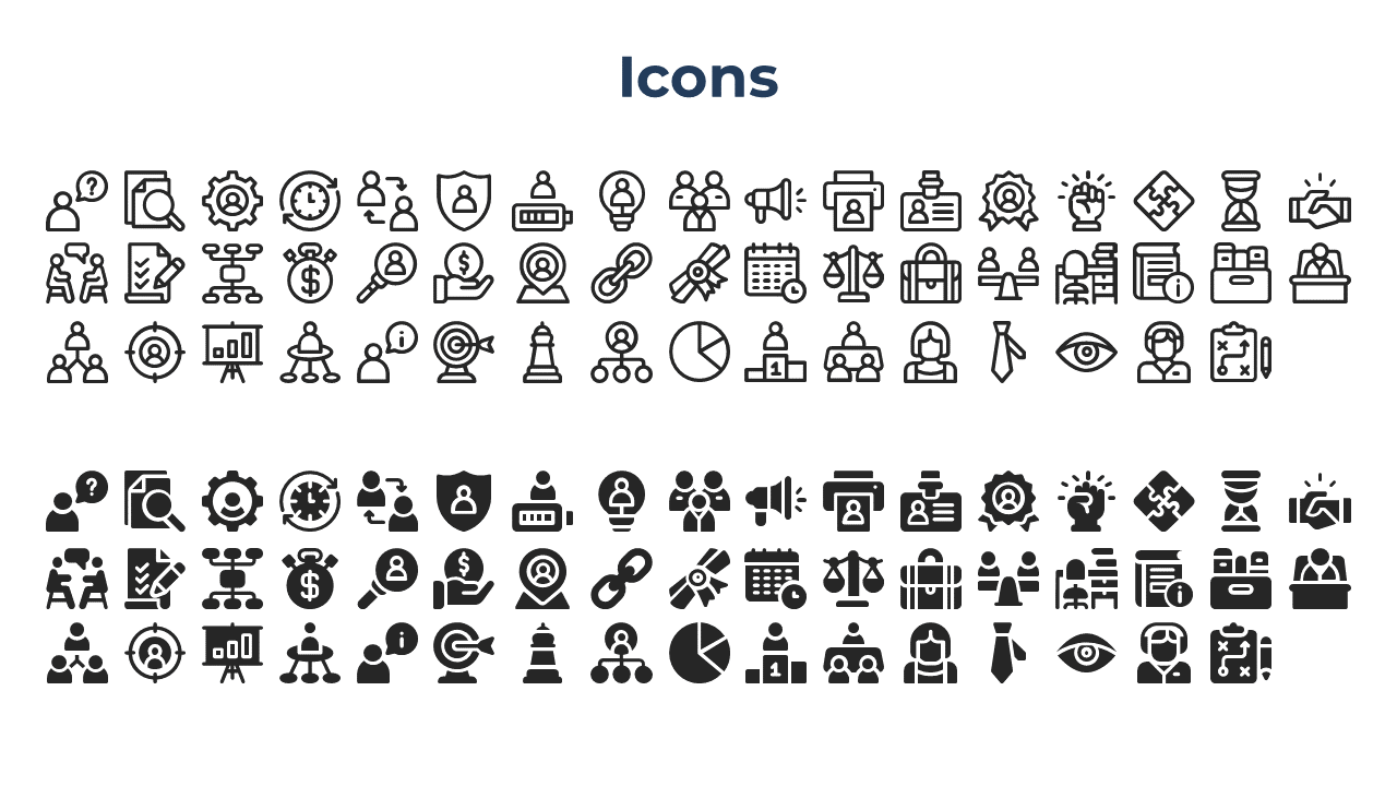 Slide displays two rows of outlined and filled business icons under navy blue heading, on a white background.