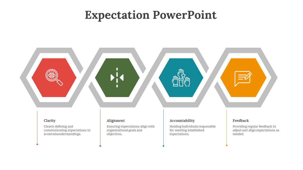 Slide shows four hexagons in red, green, teal, and orange with gray borders and labels below in a horizontal layout.