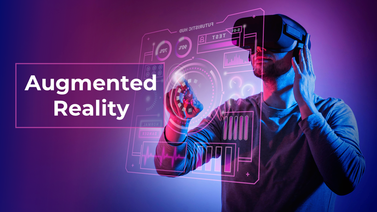 Man in VR headset interacting with glowing pink HUD interface, on a blue to purple gradient background.