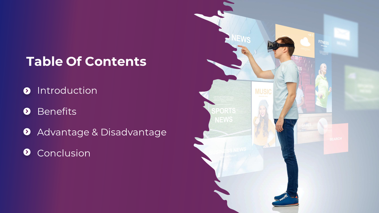 Purple gradient background with paint splash transition featuring VR user interacting with floating screens on right.