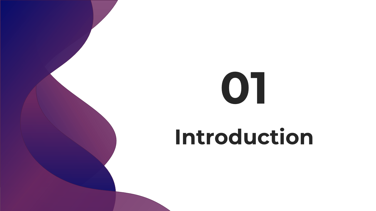 White background with bold numbers and text on right, featuring flowing purple and blue wavy shapes on the left.