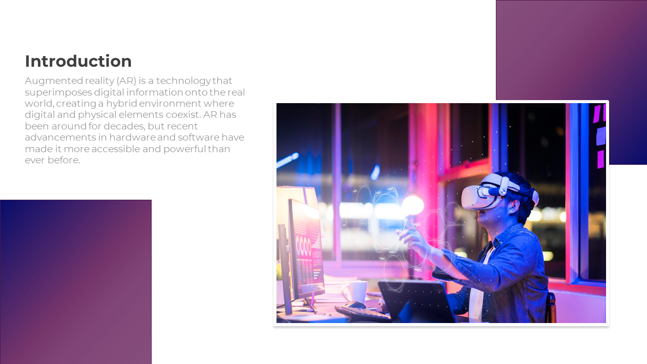 Man wearing VR headset interacting with holographic graphics, and text on a white space with purple gradient corners.