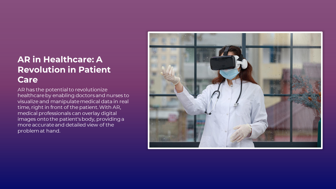 Doctor in white coat with stethoscope using VR headset in a white framed box and text on purple gradient backdrop.