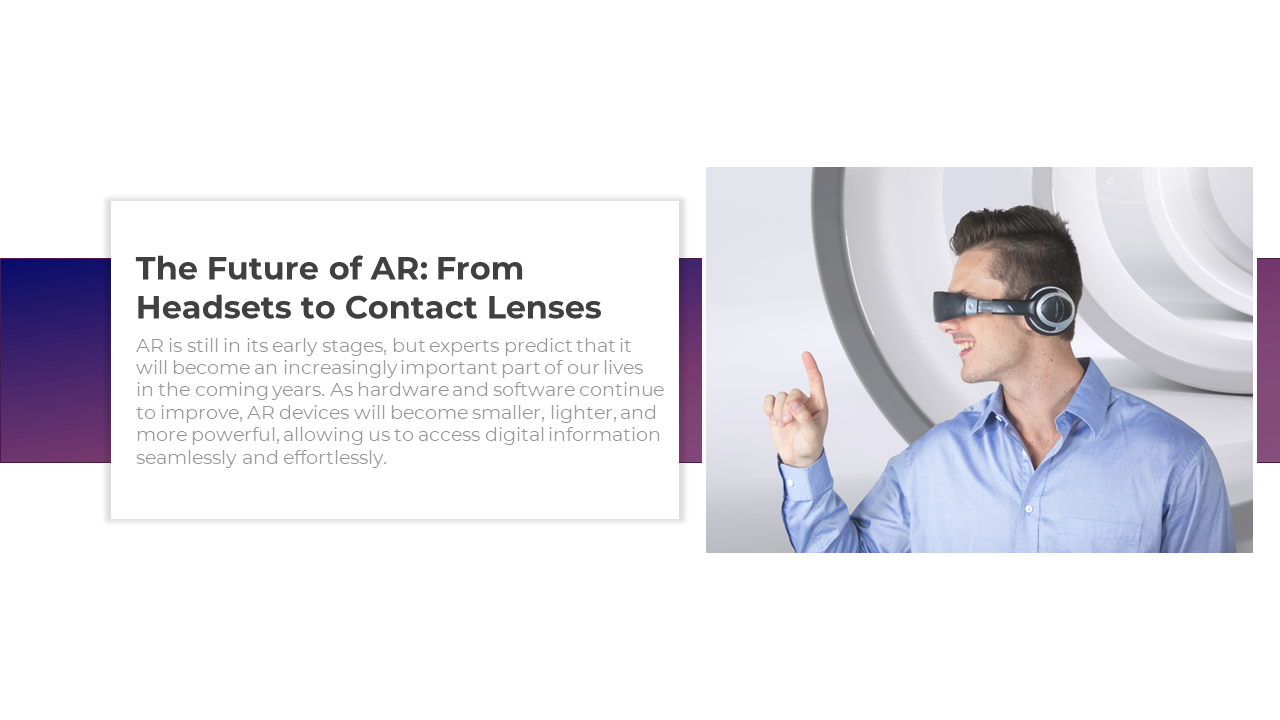 Split layout with white box on left and man in blue shirt wearing AR headset on right with purple shapes in background.