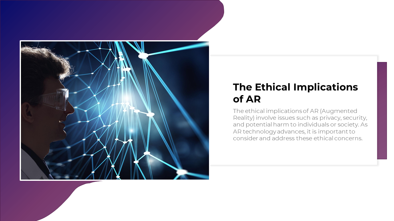 Man wearing smart glasses beside blue digital network graphic in a purple gradient curved shape and text on the right.