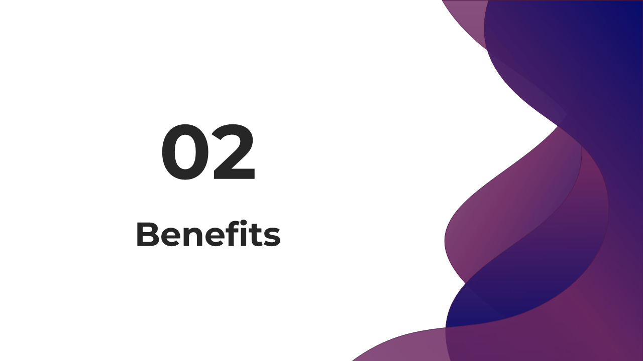 Minimal white slide with bold number and text on left, and purple wavy gradient shapes flowing on right edge.