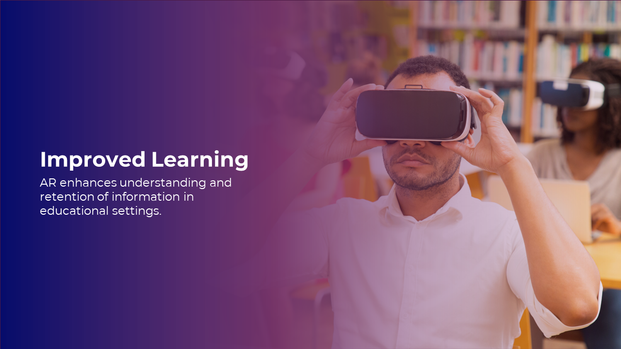 Man in white shirt uses VR headset in library and text on left over purple gradient background.