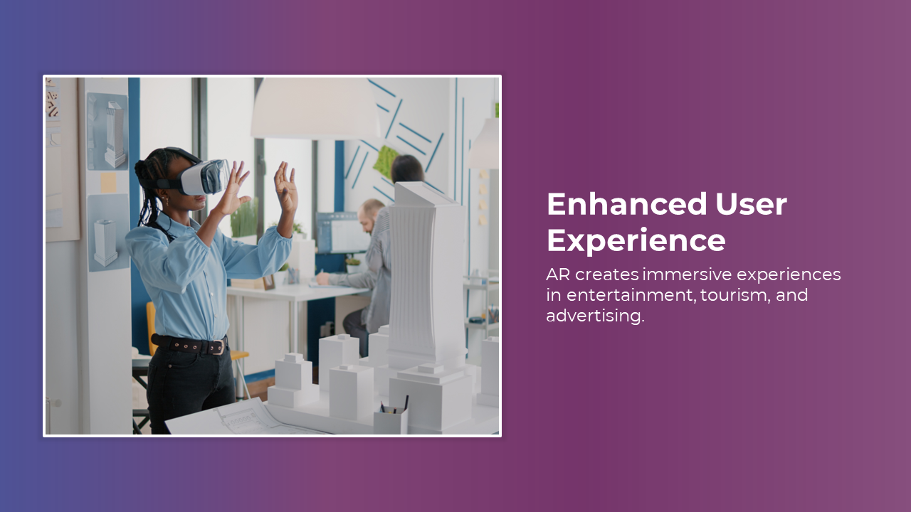 Woman wearing VR headset interacts with virtual model in a white framed box and text on gradient purple background