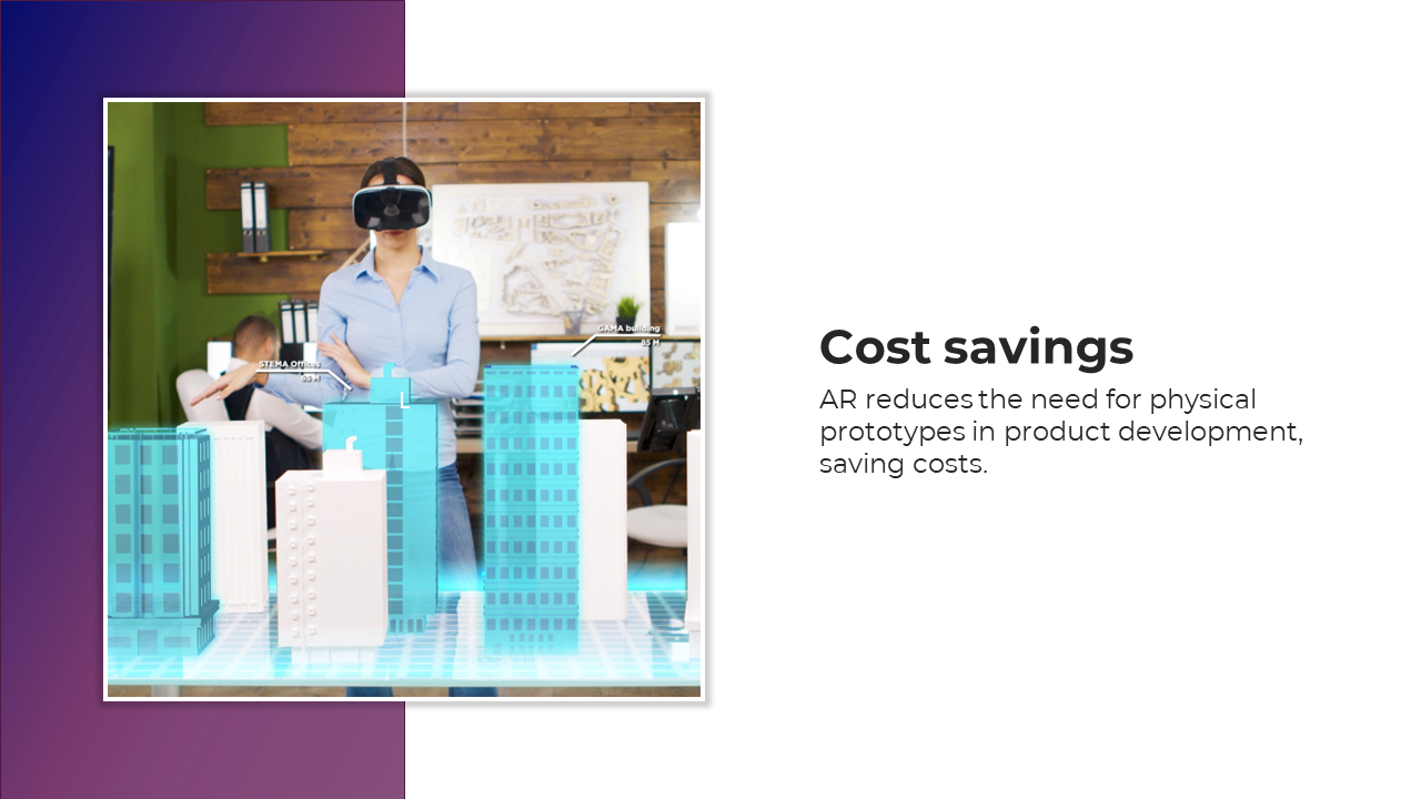 Woman in VR headset stands with virtual blue skyscrapers in a purple gradient sidebar and text on the right white space,
